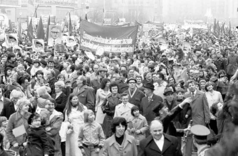 Demonstration and street action zum 1. Mai on Karl-Marx-Allee in the district Mitte in Berlin, the former capital of the GDR, German Democratic Republic