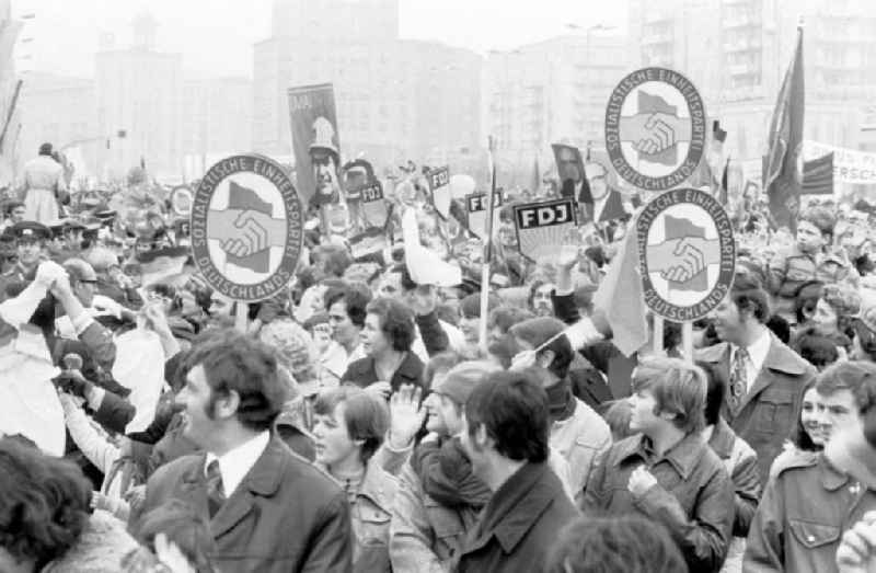 Demonstration and street action zum 1. Mai on Karl-Marx-Allee in the district Mitte in Berlin, the former capital of the GDR, German Democratic Republic