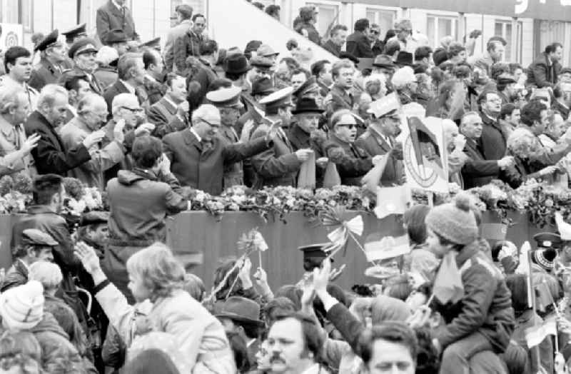 Demonstration and street action zum 1. Mai on Karl-Marx-Allee in the district Mitte in Berlin, the former capital of the GDR, German Democratic Republic