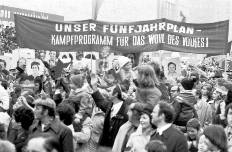 Demonstration and street action zum 1. Mai on Karl-Marx-Allee in the district Mitte in Berlin, the former capital of the GDR, German Democratic Republic