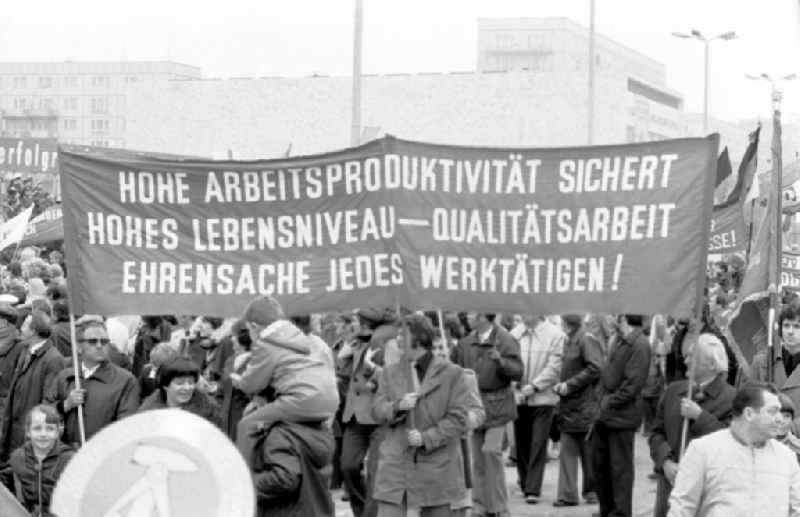 Demonstration and street action zum 1. Mai on Karl-Marx-Allee in the district Mitte in Berlin, the former capital of the GDR, German Democratic Republic