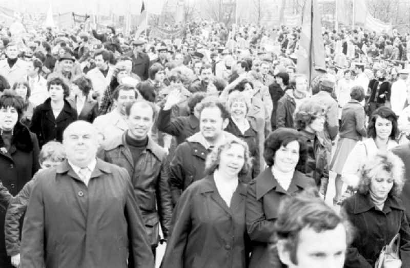 Demonstration and street action zum 1. Mai on Karl-Marx-Allee in the district Mitte in Berlin, the former capital of the GDR, German Democratic Republic