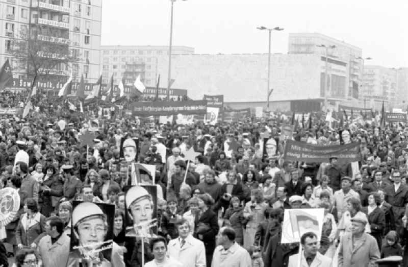 Demonstration and street action zum 1. Mai on Karl-Marx-Allee in the district Mitte in Berlin, the former capital of the GDR, German Democratic Republic