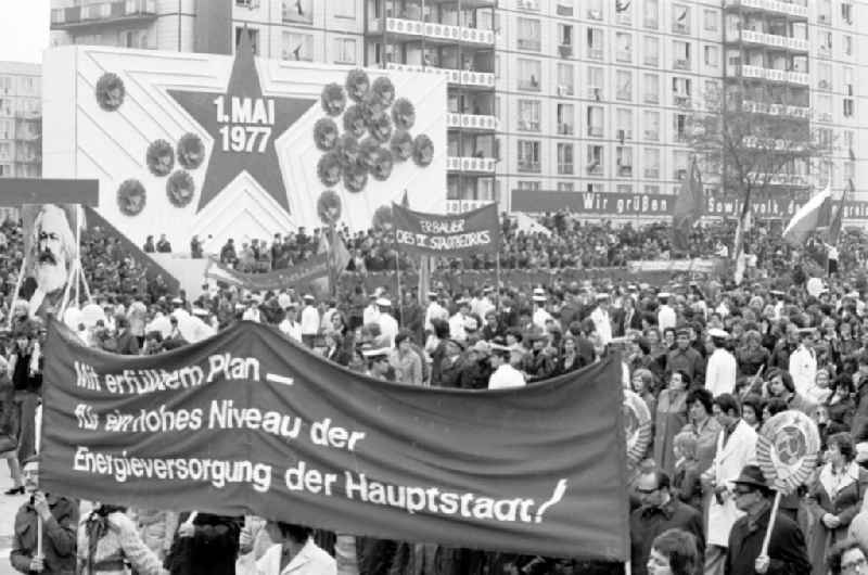 Demonstration and street action zum 1. Mai on Karl-Marx-Allee in the district Mitte in Berlin, the former capital of the GDR, German Democratic Republic