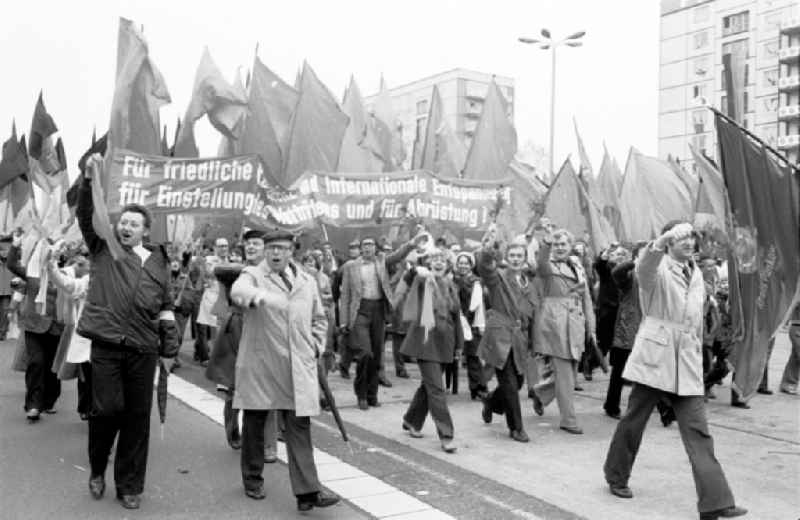 Demonstration and street action zum 1. Mai on Karl-Marx-Allee in the district Mitte in Berlin, the former capital of the GDR, German Democratic Republic