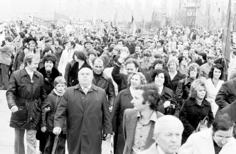 Demonstration and street action zum 1. Mai on Karl-Marx-Allee in the district Mitte in Berlin, the former capital of the GDR, German Democratic Republic