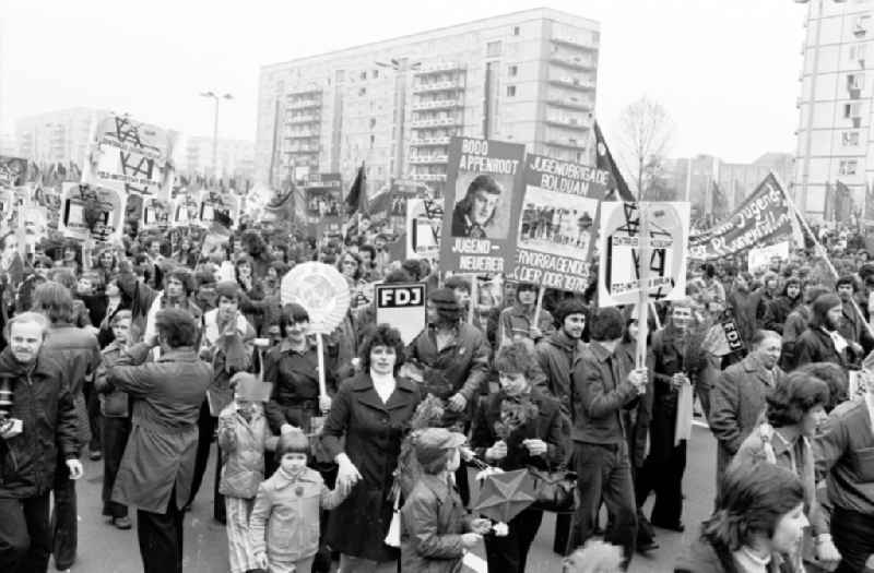 Demonstration and street action zum 1. Mai on Karl-Marx-Allee in the district Mitte in Berlin, the former capital of the GDR, German Democratic Republic