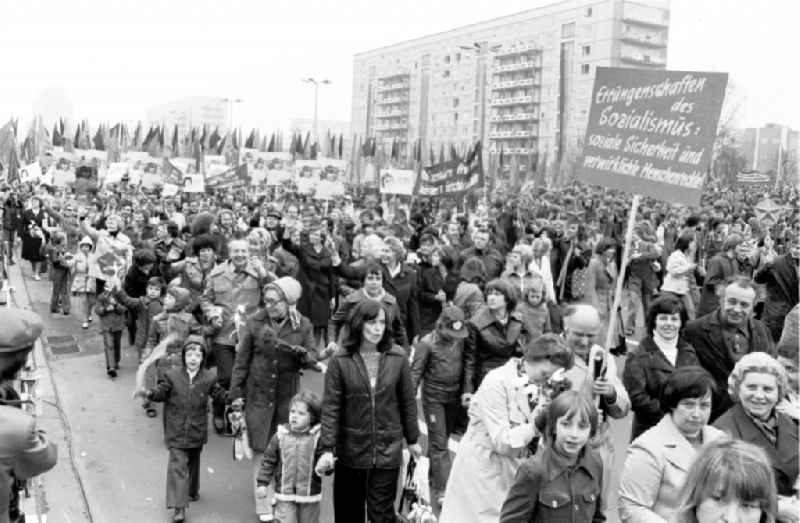 Demonstration and street action zum 1. Mai on Karl-Marx-Allee in the district Mitte in Berlin, the former capital of the GDR, German Democratic Republic