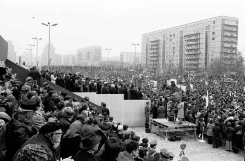 Demonstration and street action zum 1. Mai on Karl-Marx-Allee in the district Mitte in Berlin, the former capital of the GDR, German Democratic Republic