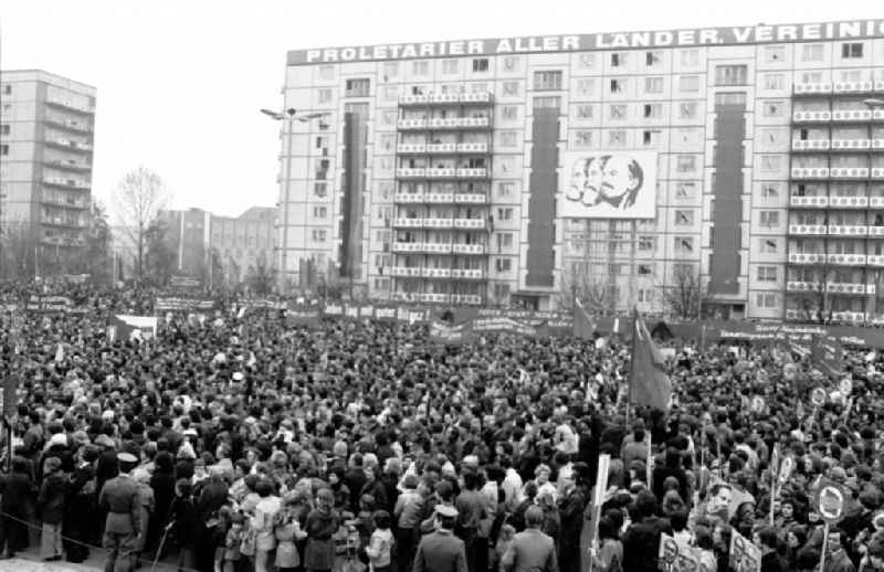 Demonstration and street action zum 1. Mai on Karl-Marx-Allee in the district Mitte in Berlin, the former capital of the GDR, German Democratic Republic