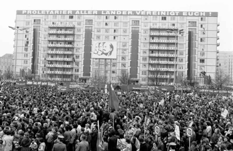 Demonstration and street action zum 1. Mai on Karl-Marx-Allee in the district Mitte in Berlin, the former capital of the GDR, German Democratic Republic