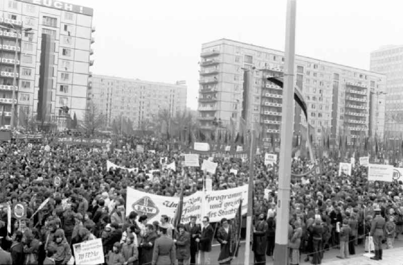 Demonstration and street action zum 1. Mai on Karl-Marx-Allee in the district Mitte in Berlin, the former capital of the GDR, German Democratic Republic