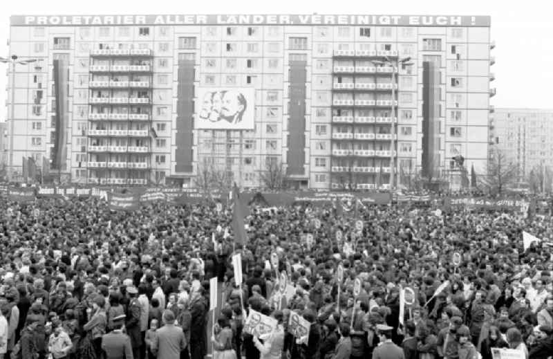 Demonstration and street action zum 1. Mai on Karl-Marx-Allee in the district Mitte in Berlin, the former capital of the GDR, German Democratic Republic