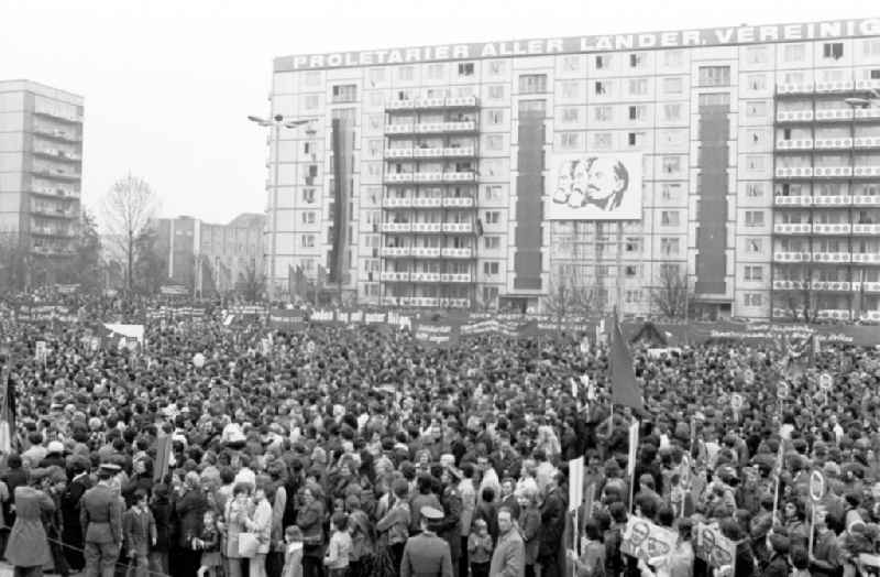 Demonstration and street action zum 1. Mai on Karl-Marx-Allee in the district Mitte in Berlin, the former capital of the GDR, German Democratic Republic