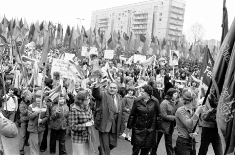 Demonstration and street action zum 1. Mai on Karl-Marx-Allee in the district Mitte in Berlin, the former capital of the GDR, German Democratic Republic