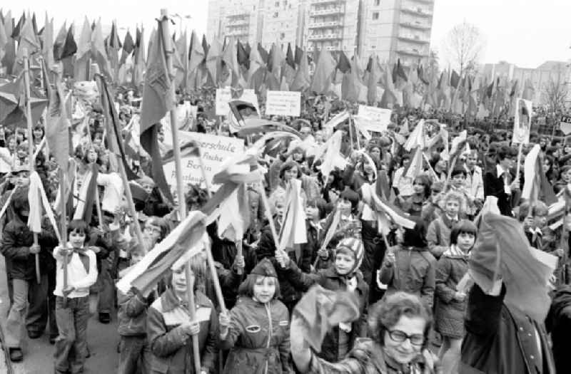 Demonstration and street action zum 1. Mai on Karl-Marx-Allee in the district Mitte in Berlin, the former capital of the GDR, German Democratic Republic