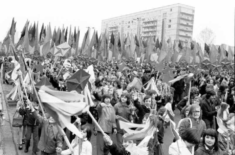 Demonstration and street action zum 1. Mai on Karl-Marx-Allee in the district Mitte in Berlin, the former capital of the GDR, German Democratic Republic