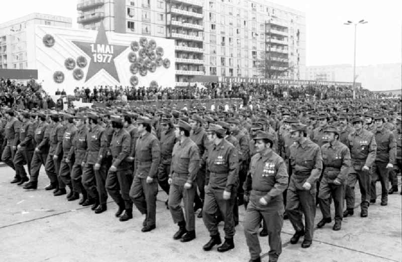 Demonstration and street action zum 1. Mai on Karl-Marx-Allee in the district Mitte in Berlin, the former capital of the GDR, German Democratic Republic