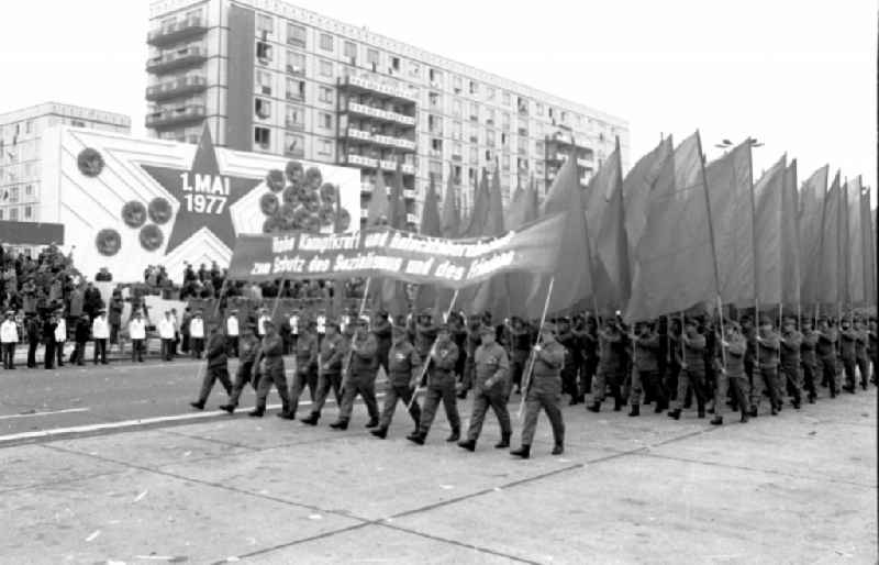 Demonstration and street action zum 1. Mai on Karl-Marx-Allee in the district Mitte in Berlin, the former capital of the GDR, German Democratic Republic