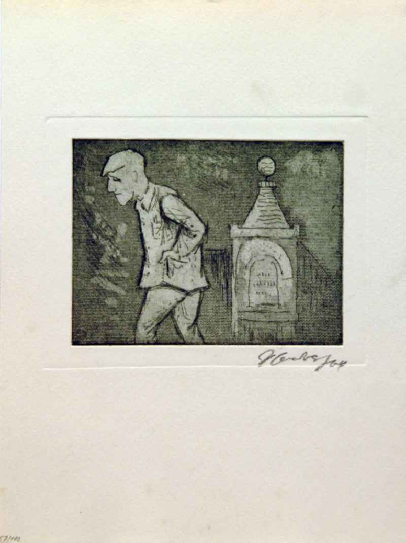 Grafik von Herbert Sandberg über Bertolt Brecht (*10.02.1898 †14.08.1956) b.b. aus dem Jahr 1964 'Vor dem Theater' 9,4x12,4cm Radierung und Aquatinta, handsigniert, 57/10