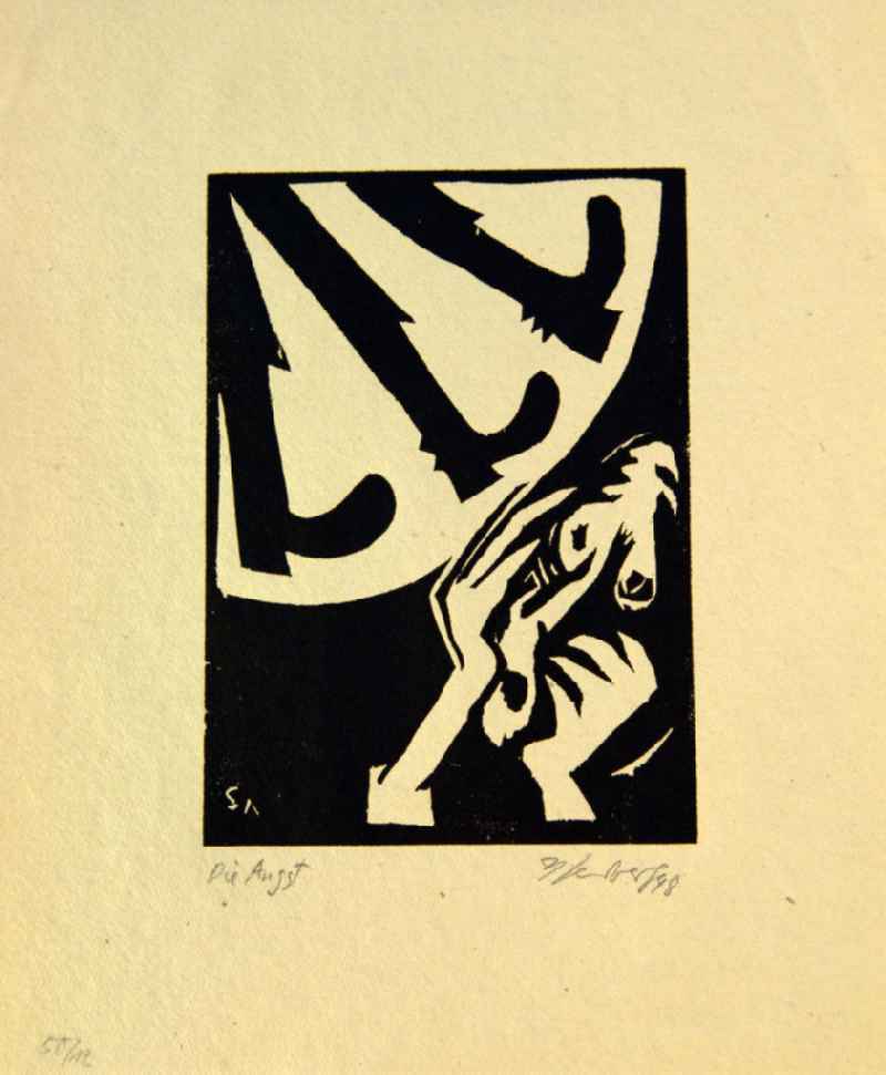 Grafik von Herbert Sandberg 'Die Angst' aus dem Jahr 1948, 17,5x12,5cm Holzschnitt, handsigniert, 12/5