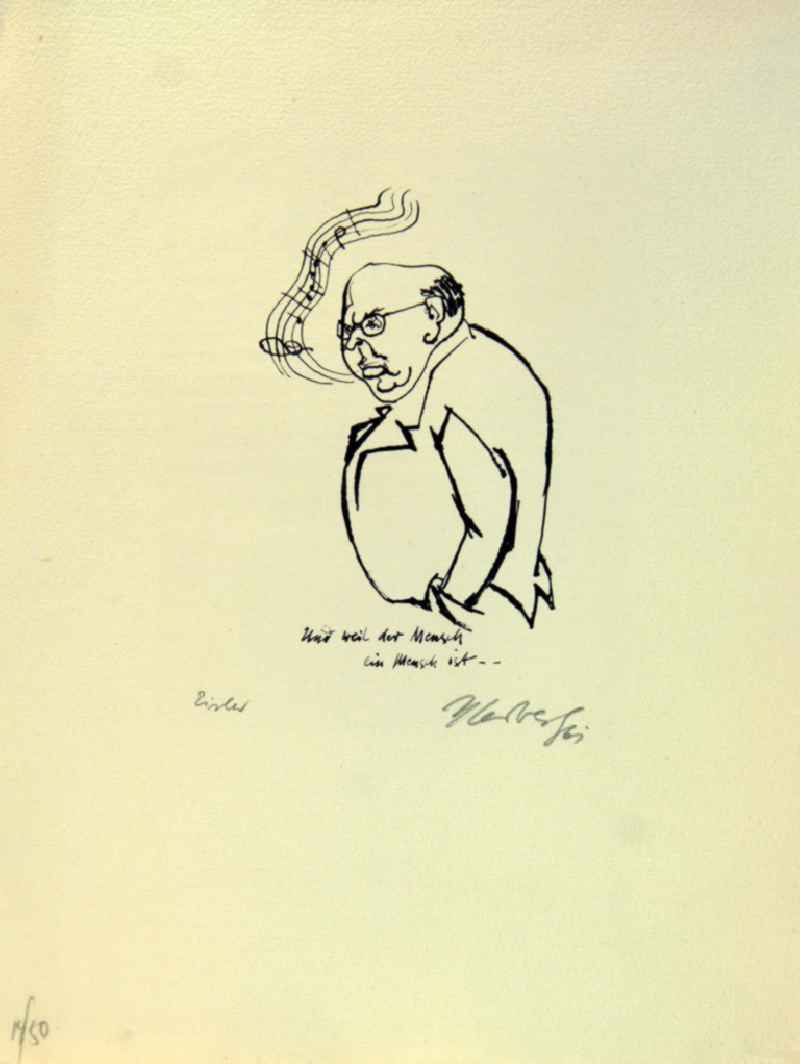 Grafik von Herbert Sandberg über Hanns Eisler (*06.07.1898 †06.09.1962) 'Hanns Eisler' aus dem Jahr 1961, 17,5x10,5cm Lithographie (Feder), handsigniert, 14/5