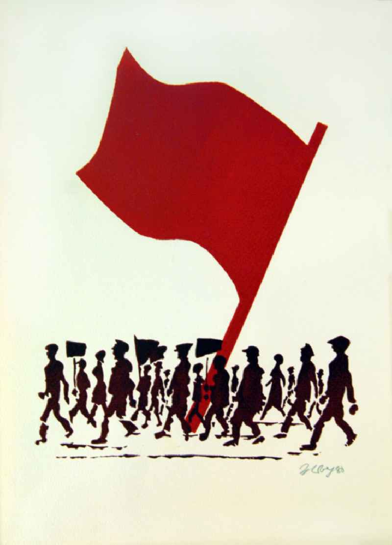 Grafik von Herbert Sandberg (abgewandeltes Motiv von Blatt 3 der Mappe „Kommunistisches Manifest“, statt Rikscha eine rote Fahne 'Rote Fahne / Flagge') aus dem Jahr 1980, 29,