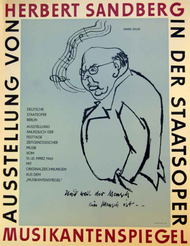 Plakat der Ausstellung 'Musikantenspiegel' über Herbert Sandberg vom 15.-21.03.1965 Deutsche Staatsoper Berlin, 40,5x53,