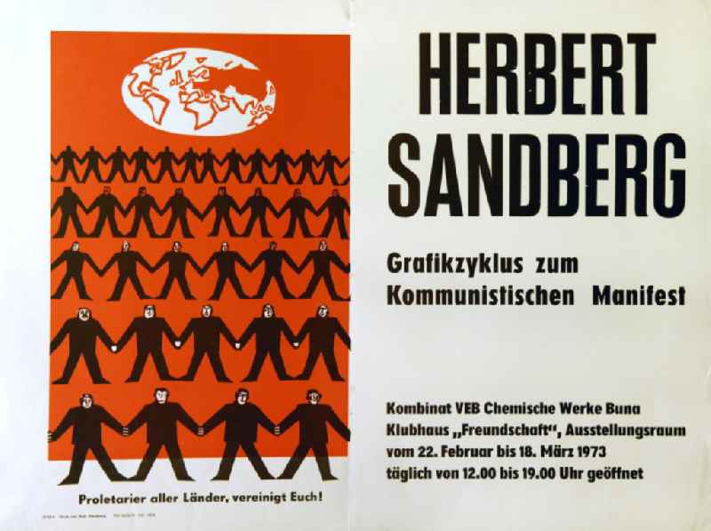 Plakat der Ausstellung 'Herbert Sandberg Grafikzyklus zum Kommunistischen Manifest' vom 22.02.-18.03.1973 Klubhaus 'Freundschaft', 60,0x45,0cm mit Grafik des 3