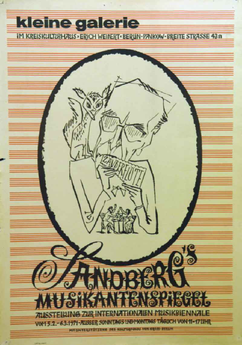 Plakat der Ausstellung 'Sandberg's Musikantenspiegel' über Herbert Sandberg vom 05.02.-06.03.1971 Kleine Galerie im Kreiskulturhaus, 4