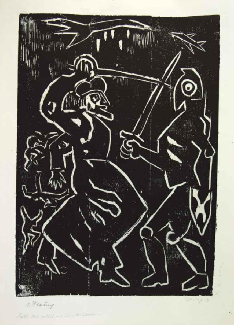 Grafik von Herbert Sandberg 'Habt doch endlich mit Euch selbst Ermbarmen' aus dem Jahr 1986, 59,4x41,8cm Holzschnitt, handsigniert. Zwei Figuren gehen mit Säbel und Schwert aufeinander los, die linke Figur in langem Gewand, die rechte in Rüstung und mit Schild.