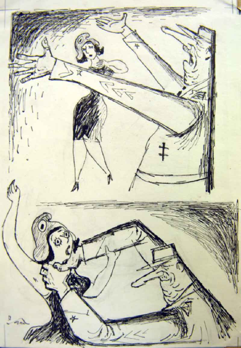 Zeichnung von Herbert Sandberg aus dem Jahr 1958, 21,0x30,