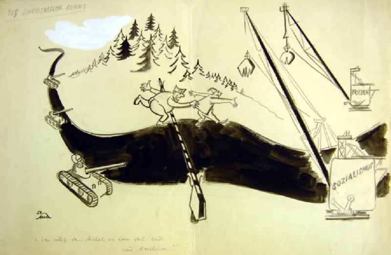 Zeichnung von Herbert Sandberg 'Der Schreitbagger kommt' aus dem Jahr 1952, 51,