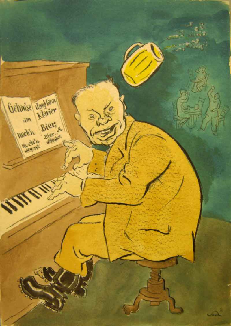 Zeichnung von Herbert Sandberg 'Gehm'se dem Mann am Klavier noch'n Bier, noch'n Bier... ' aus dem Jahr 1955, 24,