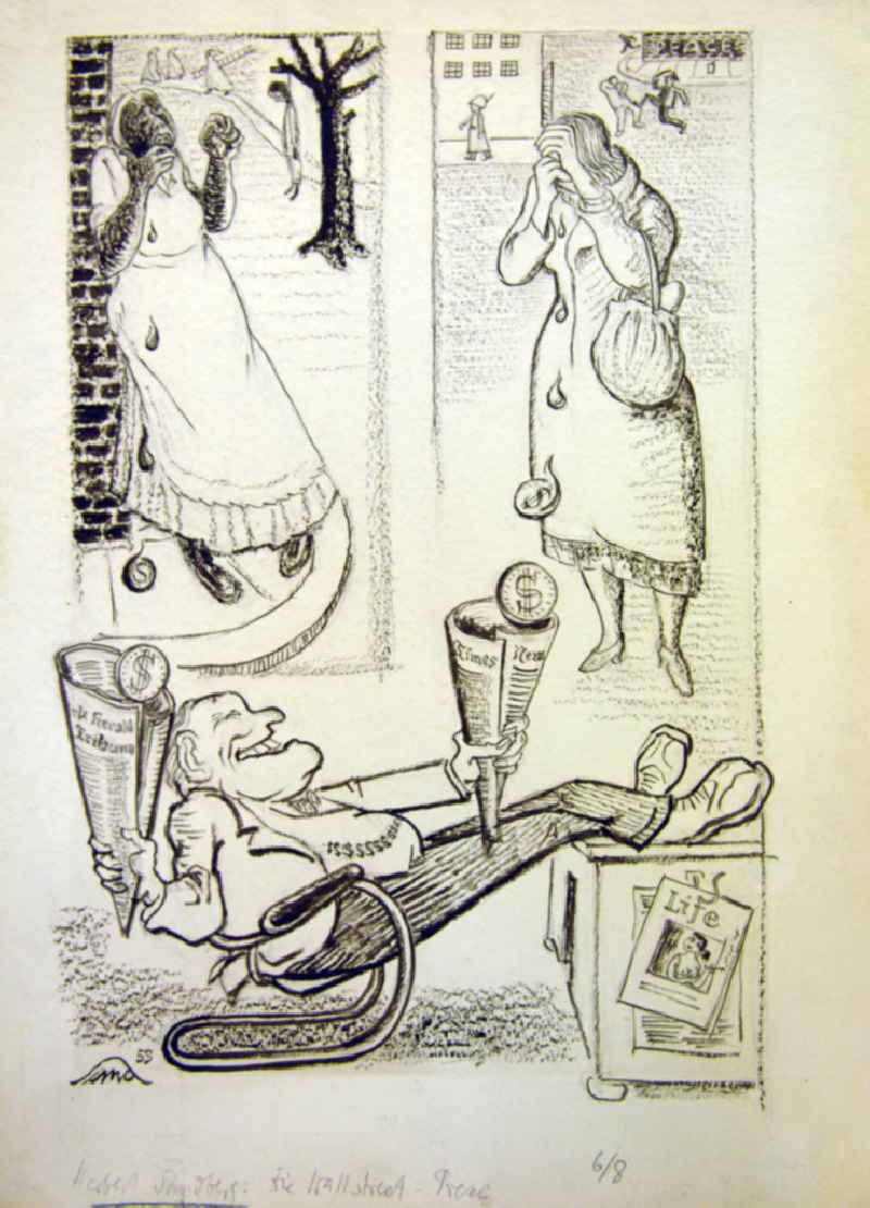 Zeichnung von Herbert Sandberg 'Die Wallstreet-Presse/schwarze Tränen' aus dem Jahr 1953, 28,