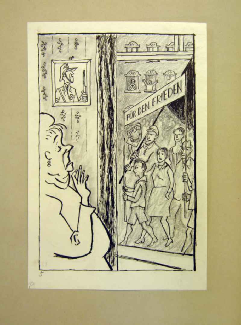 Zeichnung von Herbert Sandberg 'Frau Damals (5., für den Frieden)' 18,5x26,6cm Feder, Bleistift. Eine ältere Frau steht am Fenster, an ihrer Wand ein Bild von einem Mann in Uniform; rechts: draußen demonstrieren junge Menschen mit einem Transparent 'Für den Frieden'.