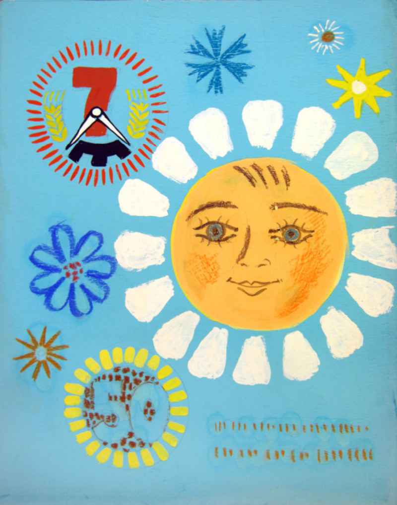 Skizze von Herbert Sandberg '1. Skizze für DFD' aus dem Jahr 1959, 32,5x42,0cm Bleistift, Pinsel und Kreide, handsigniert auf der Rückseite. Mittig: ein Gesicht als Blume; ringsherum: weitere kleinere Blumen; links oben: eine Uhr mit einer '7' im Ährenkranz; links unten: eine Blume mit einer '5