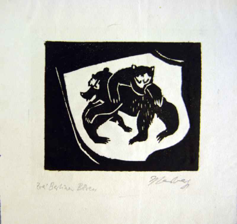 Grafik von Herbert Sandberg 'Zwei Berliner Bären' 12,7x1
