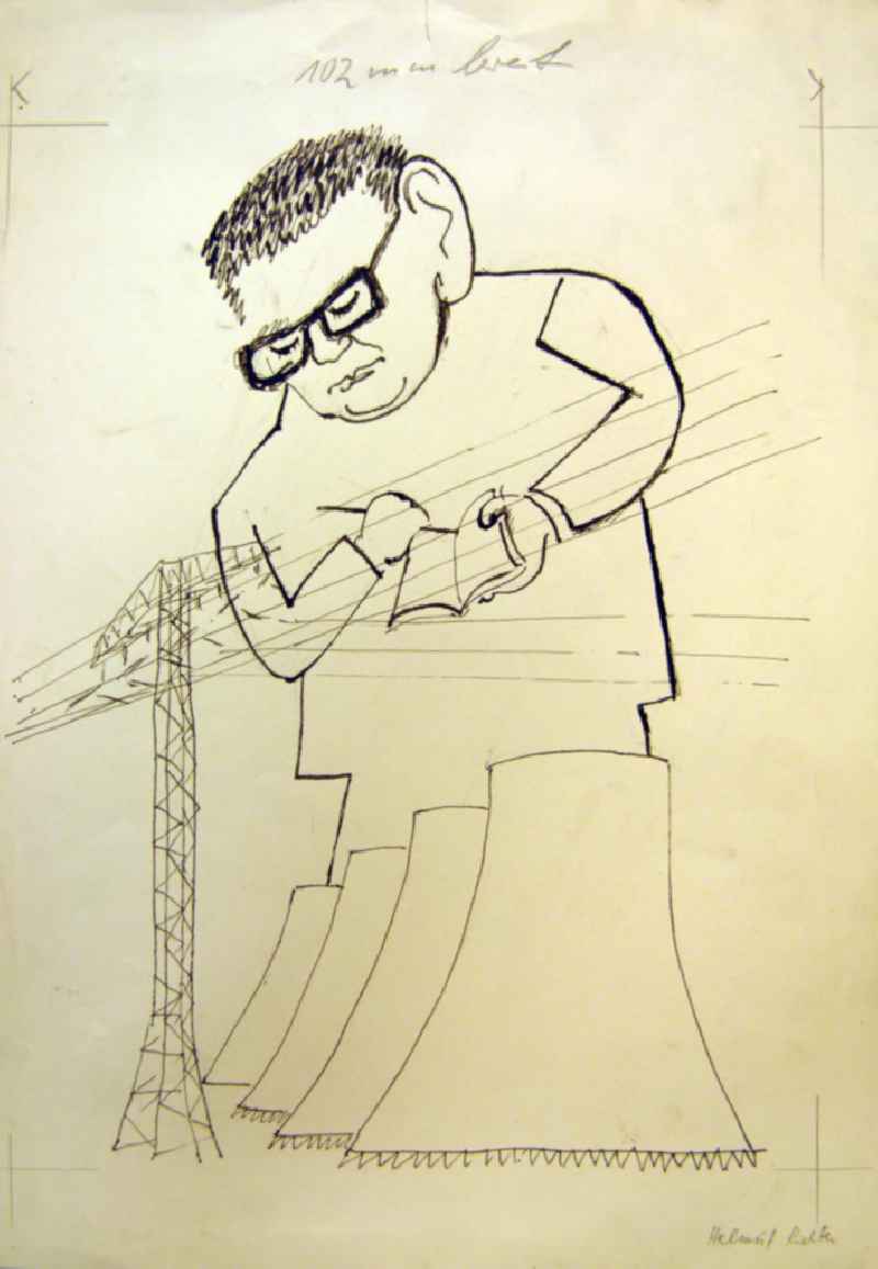 Zeichnung von Herbert Sandberg 'Helmut Richter' 27,5x35,5cm Feder. Eine Person mit Brille hält in der rechten Hand ein Buch und in der linken einen Stift, er steht hinter proportional kleinen Strommast und Türmen eines Kraftwerk und blickt herunter.