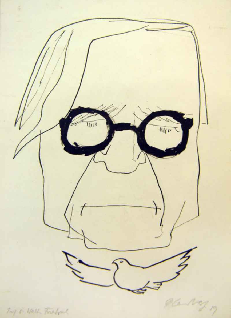 Zeichnung von Herbert Sandberg 'Prof. Dr. Walter Friedrich' aus dem Jahr 1959, 16,5x23,0cm Feder und Pinsel, handsigniert. Walter Friedrich (*25.12.1883 †16.1