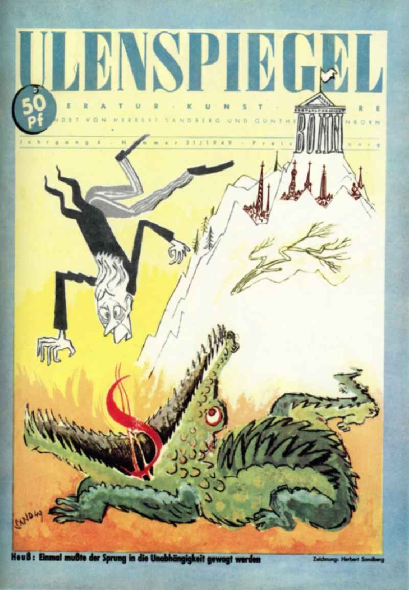 Colored graphics 'Once the leap to the independece had to be ventured' of the GDR artist Herbert Sandberg in Berlin, the former capital of the GDR, German Democratic Republic. Used on the cover of the 'Ulenspiegel' (year 4 No. 21)