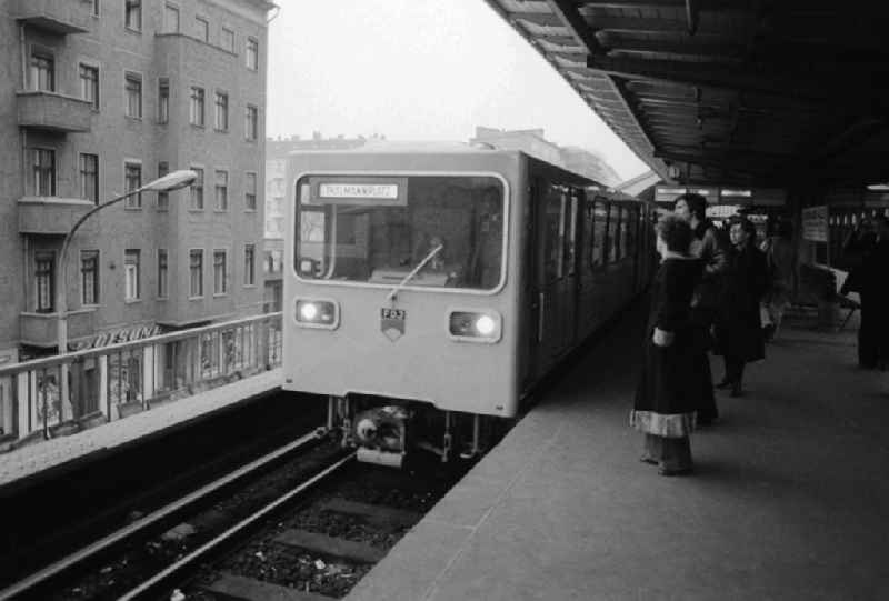 Underground train in the railway station Schoenhauser avenue in Berlin, the former capital of the GDR, German democratic republic