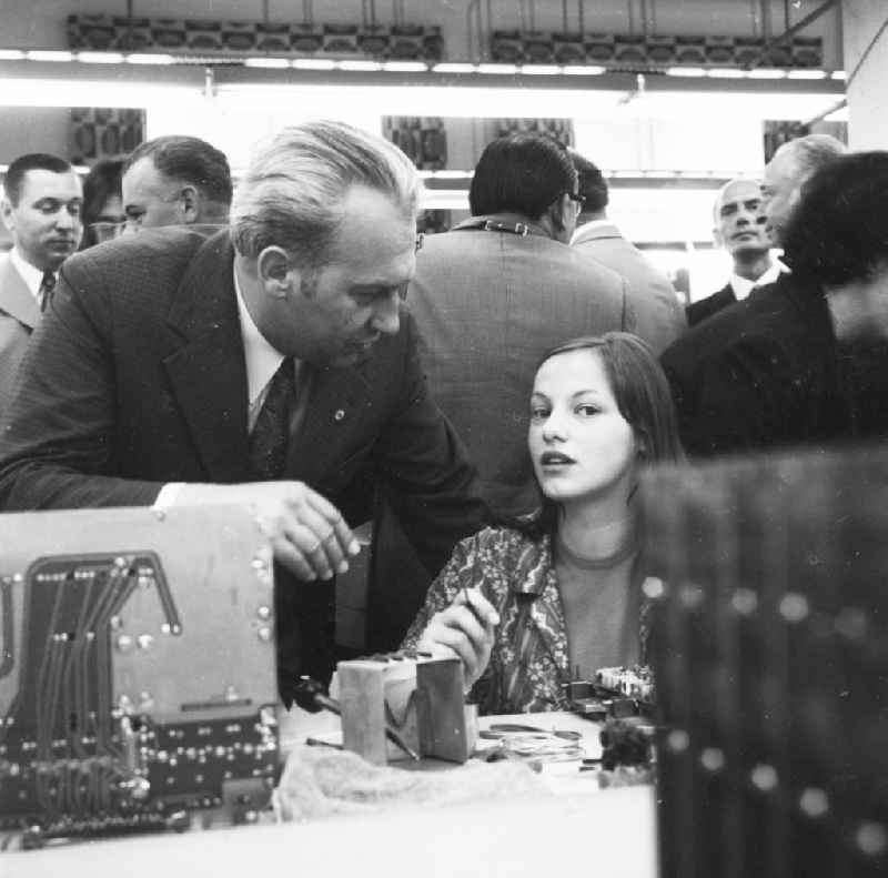 Konrad Naumann (1928-1992), 1st secretary of the district management SED Berlin and member of the Politburo of the central committee of the SED in the GDR, for visit in the radio work VEB Koepenick in Berlin, the former capital of the GDR, German democratic republic