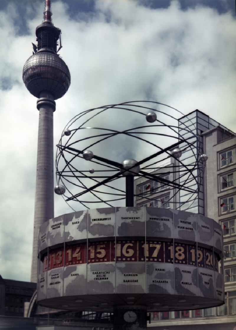 World Time Clock and Berlin TV Tower at Alexanderplatz in the district Mitte in Berlin, the former capital of the GDR, German Democratic Republic