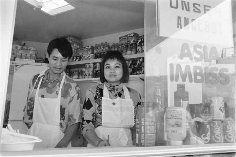 Kiosk of a snack supply vietnamese guest worker in the district Hohenschoenhausen in the district Hohenschoenhausen in Berlin Eastberlin on the territory of the former GDR, German Democratic Republic