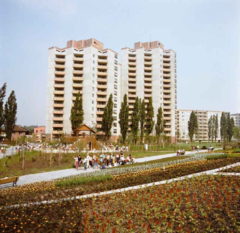 Park Ernst-Thaelmann-Park Prenzlauer Berg with flower beds and playground in Berlin East Berlin on the territory of the former GDR, German Democratic Republic
