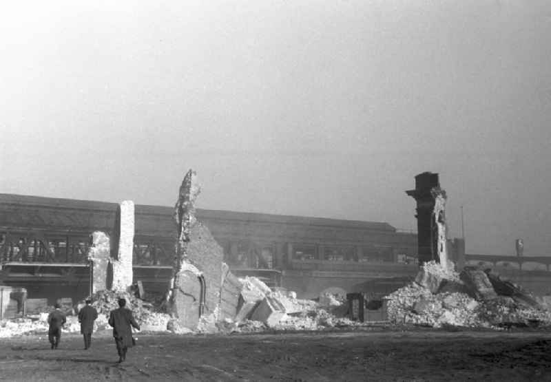 Rubble remains of the blown up portal - remains of the station building of the demolished war-destroyed ruins of the terminal station 'Lehrter Bahnhof' in the Moabit district of Berlin