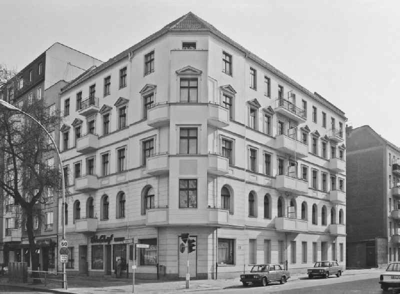 Facades of an old apartment building on Frankfurter Allee corner Jessnerstrasse in the district of Friedrichshain in Berlin East Berlin in the area of the former GDR, German Democratic Republic