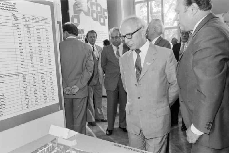 Members of the party and state leadership with the SED General Secretary Erich Honecker and Guenther Mittag as visitors at the exhibition '7th Building Conference' in the Mitte district of East Berlin in the area of the former GDR, German Democratic Republic