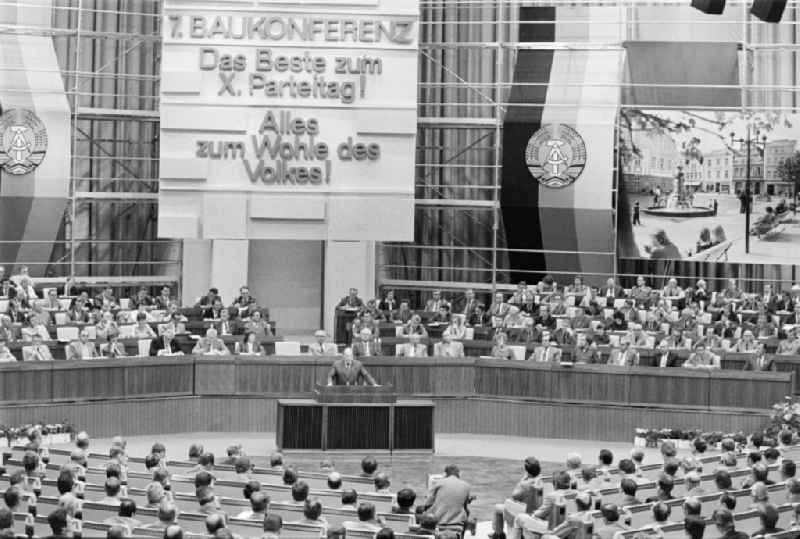 Delegates during the meeting in the 'Great Hall of the Palace of the Republic' on the occasion of the '7th Building Conference' in the Mitte district of East Berlin in the territory of the former GDR, German Democratic Republic